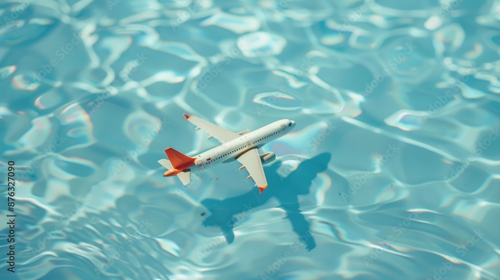 Toy plane over blue background resembling water Unique Caribbean getaway scene Toy plane over blue background resembling water Unique Caribbean getaway scene
