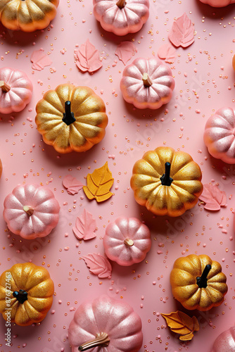 pink pumpkins on pink ground, top view, fall background