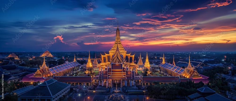 Fototapeta premium AI generator image of Photograph of Wat Phra Kaew, Bangkok,Thailand at night and the fireworks display and the translation drone with lights, very beautiful .Panorama landscape view
