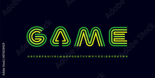 Modern stylized striped font, trendy alphabet made linear style, colored graphic futuristic uppercase letters and numerals, vector illustration 10EPS