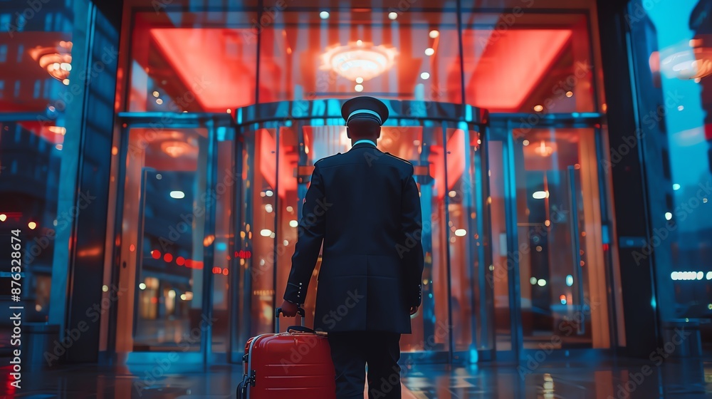A doorman in uniform with a red suitcase stands in front of an illuminated hotel entrance at night, reflecting city lights and vibrant colors. A doorman in uniform with a red suitcase stands in front of an illuminated hotel entrance at night, reflecting city lights and vibrant colors.