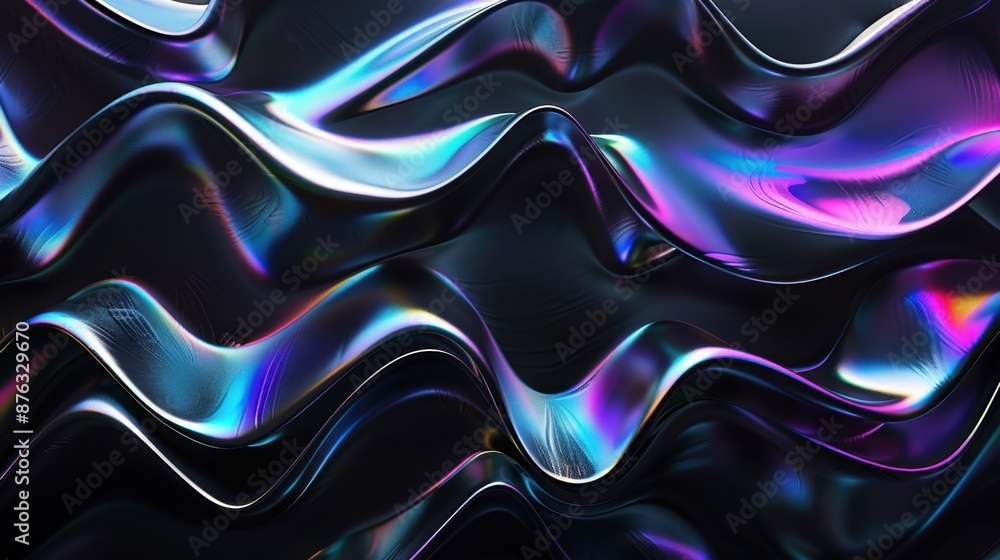 Obraz premium A 4k animation featuring iridescent wavy shapes on a black background, creating a captivating and visually striking 3D render.