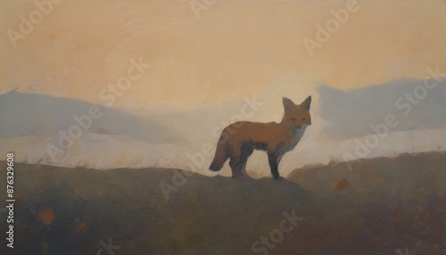 Misty Moor Dawn Lone Fox Silhouette in Hazy Morning Fog