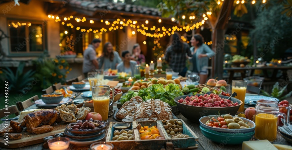 Family gathering around a festive dinner table with beautifully lit patio Family gathering around a festive dinner table with beautifully lit patio