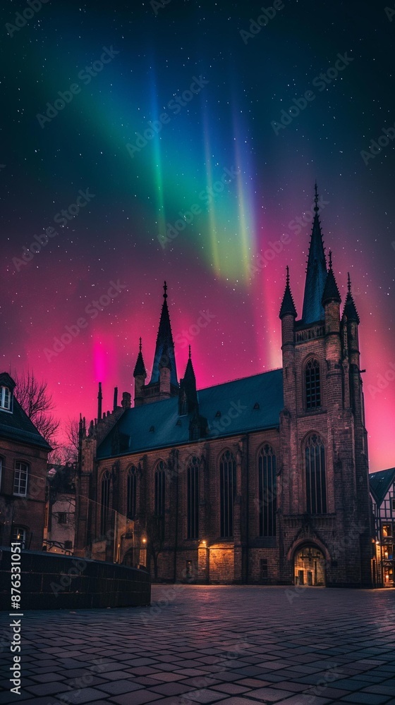 AI generator image of Prinzipalmarkt shopping in a lively historical square Münster, Germany at night and the northern lights are very bright and beautiful. AI generator image of Prinzipalmarkt shopping in a lively historical square Münster, Germany at night and the northern lights are very bright and beautiful.