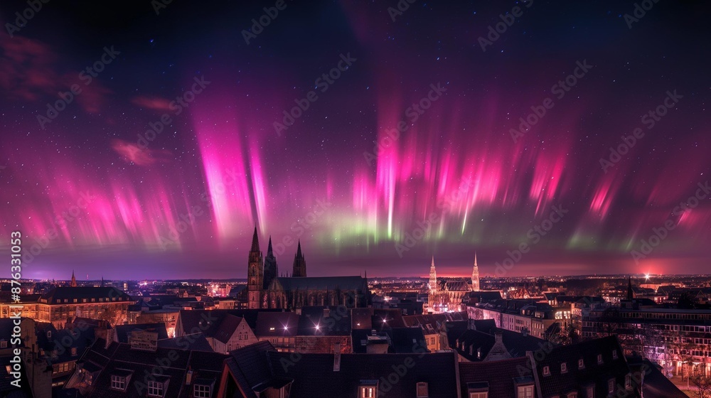 Obraz premium AI generator image of Prinzipalmarkt shopping in a lively historical square Münster, Germany at night and the northern lights are very bright and beautiful.