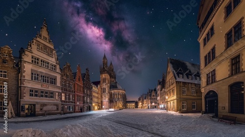AI generator image of Prinzipalmarkt shopping in a lively historical square Münster, Germany at night and the northern lights are very bright and beautiful. © Nan