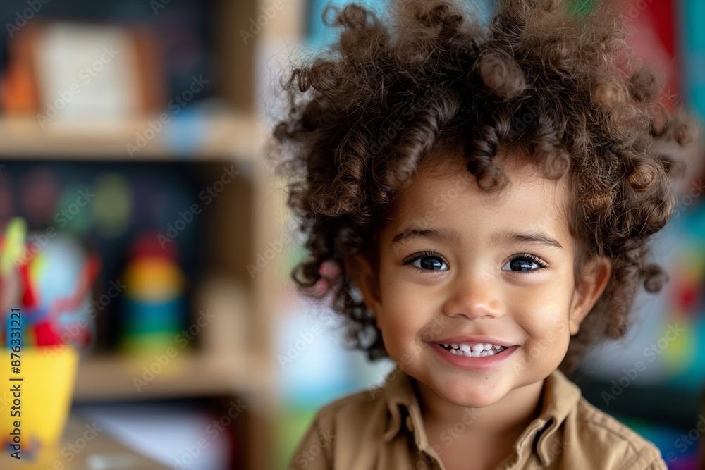 Adorable Curly-Haired Toddler Smiling in Playroom Setting Adorable Curly-Haired Toddler Smiling in Playroom Setting