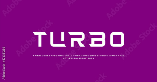 Tech thick font, digital cyber bold alphabet, hard letters A, B, C, D, E, F, G, H, I, J, K, L, M, N, O, P, Q, R, S, T, U, V, W, X, Y, Z and numerals 0, 1, 2, 3, 4, 5, 6, 7, 8, 9, vector illustration 1