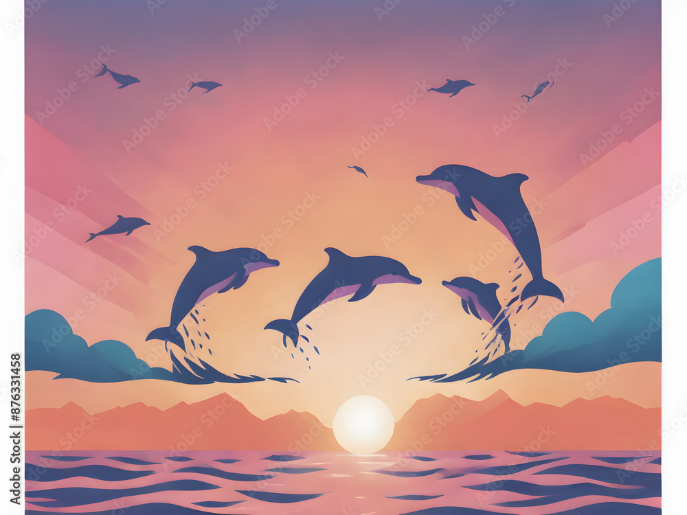 A group of dolphins leaping out of the water at sunset, with the sky painted in shades of orange and pink. A group of dolphins leaping out of the water at sunset, with the sky painted in shades of orange and pink.