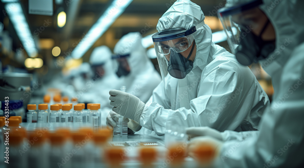 Pharmaceutical lab specialist examines medicine vials, hospital patient samples. An African American female medical student conducts research, science laboratory, wearing protective. Pharmaceutical lab specialist examines medicine vials, hospital patient samples. An African American female medical student conducts research, science laboratory, wearing protective.