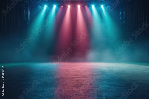 A dark, empty theater with intersecting blue and red neon spotlights illuminating the stage, casting a colorful and dynamic glow across the scene © EC Tech 