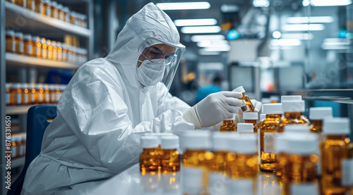 Pharmaceutical lab specialist examines medicine vials, hospital patient samples. An African American female medical student conducts research, science laboratory, wearing protective. © HumanArtPixels