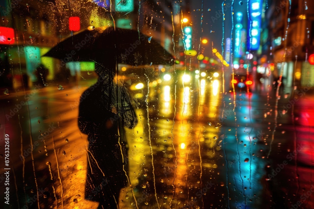 A silhouette of a person with an umbrella stands against a window as rain falls, blurring the city lights behind them A silhouette of a person with an umbrella stands against a window as rain falls, blurring the city lights behind them