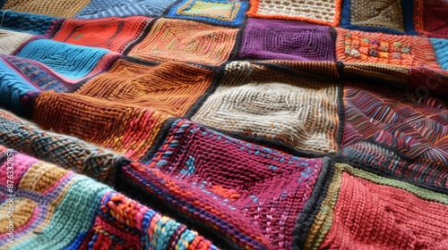Handcrafted blanket with intricate patchwork design, combining various patterns and colors  cozy and charming. © klss777