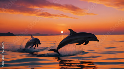 A group of dolphins leaping out of the water at sunset, with the sky painted in shades of orange and pink.