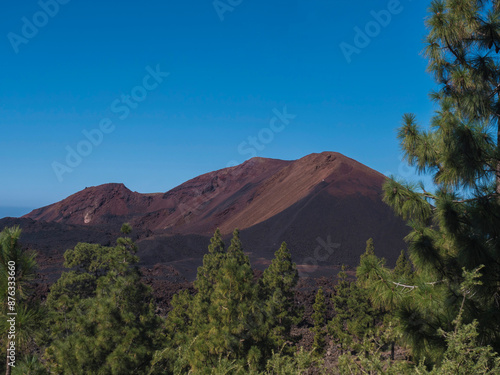 View of black and red cone of Chinyero volcano. Volcanic landscape at Chinyero hiking trail loop. Lava ash, rocks, green endemic Canary island pines and clear blue sky. Tenerife, Spain. Vivid colors.