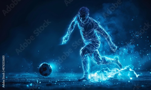 Futuristic digital rendering of a soccer player kicking a ball in dynamic motion