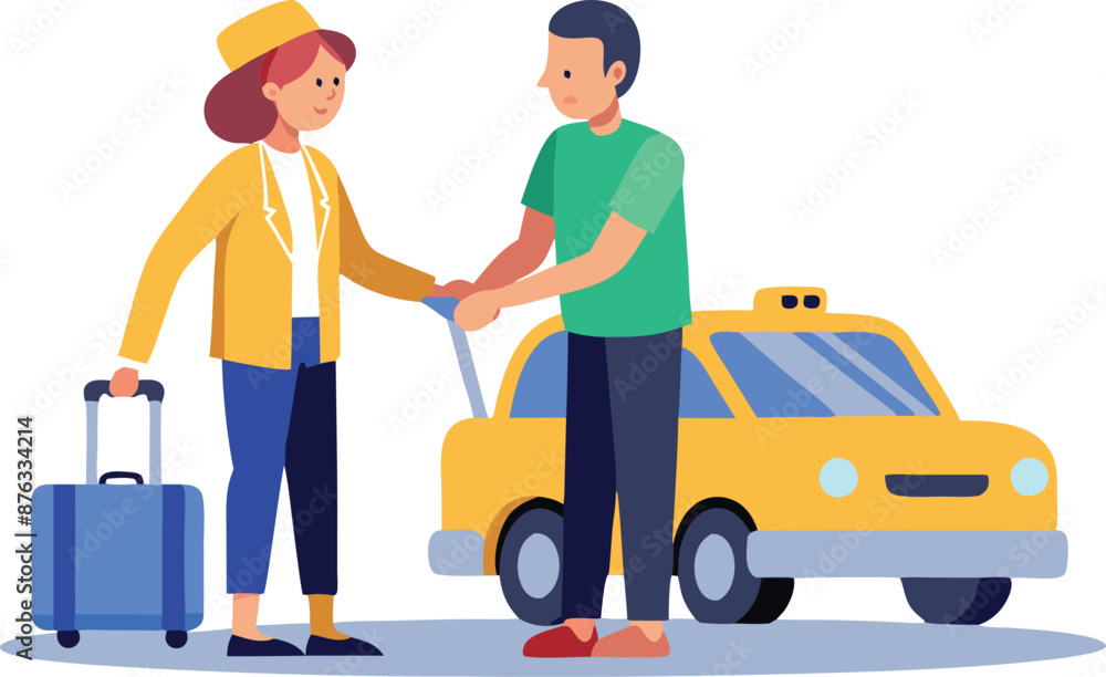 Traveling Woman Shaking Hands With Taxi Driver Near Car Traveling Woman Shaking Hands With Taxi Driver Near Car