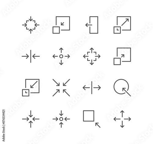Set of arrow and technology icons, size, scale, decrease, edit, resize, line, view, reduce and linear variety vectors.	

