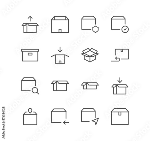 Set of box and delivery icons, cargo, box, transportation, order, carton, receive, post and linear variety vectors.	
