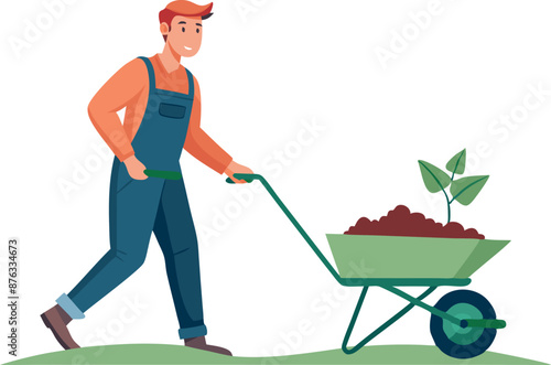 Gardener Pushing Wheelbarrow with Plant and Soil