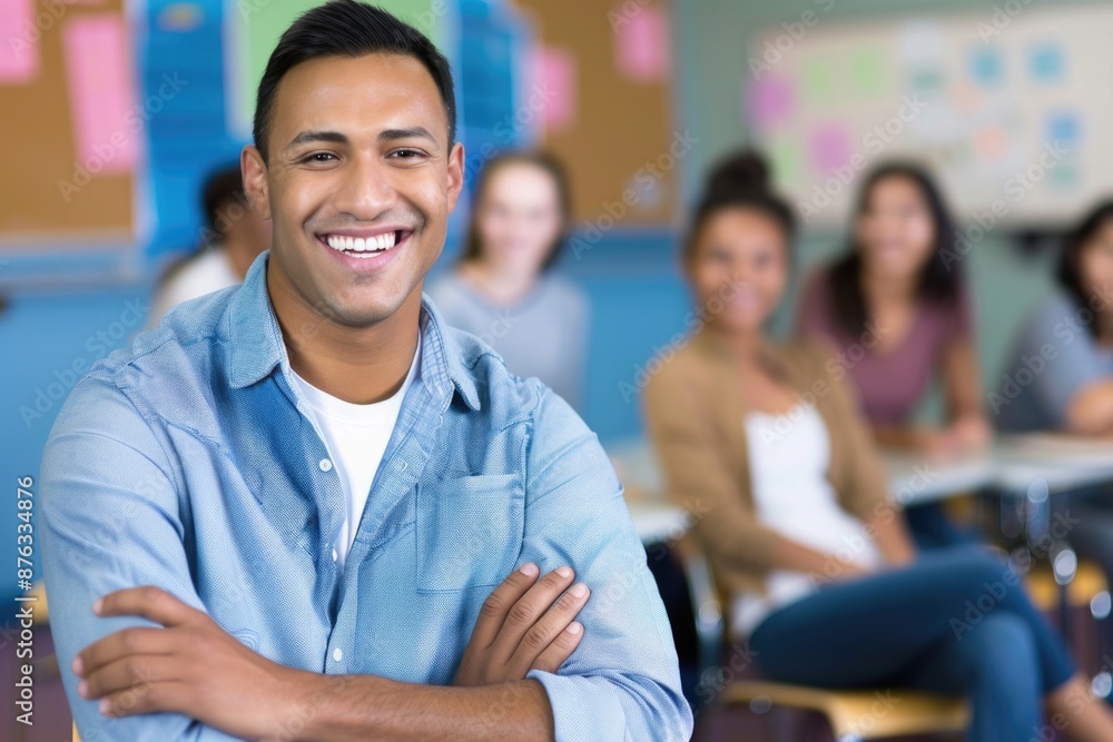 A young man with arms crossed smiles confidently in a classroom setting, surrounded by other students, all with positive expressions A young man with arms crossed smiles confidently in a classroom setting, surrounded by other students, all with positive expressions