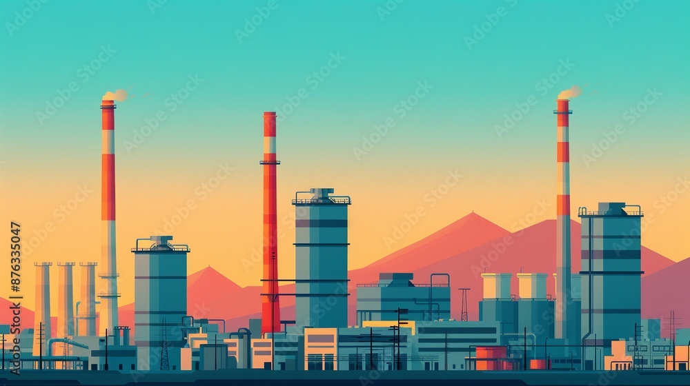 Obraz premium Showcase the evolution of urban landscapes with illustrations of power plants, refineries, and technological infrastructure driving modern cityscapes. Clean and Clear Color, Realistic Photo, ,