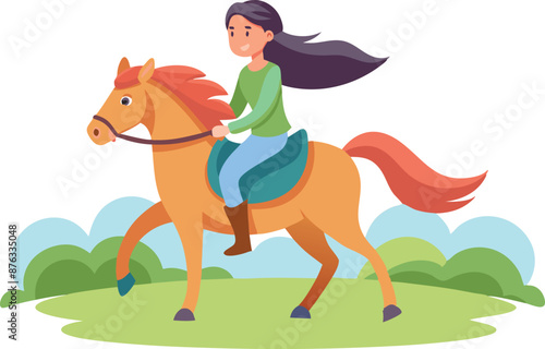 Young Girl Riding Horse in Countryside Cartoon Illustration