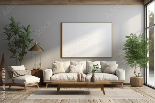 Lliving room with blank white poster for mockup, interior design inspiration, trendy home decor ideas, and minimalist aesthetic © SOMCTK