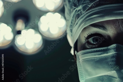 A close-up of a surgeon's eye, focused and determined, under the bright lights of an operating room © Konstiantyn Zapylaie