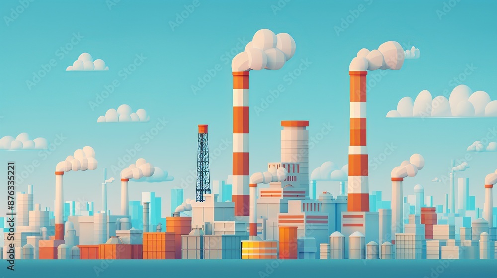 Obraz premium Dive into industrial landscapes with illustrations featuring power plants, refineries, and oil drilling platforms against the backdrop of bustling cities. Clean and Clear Color, Realistic Photo, ,
