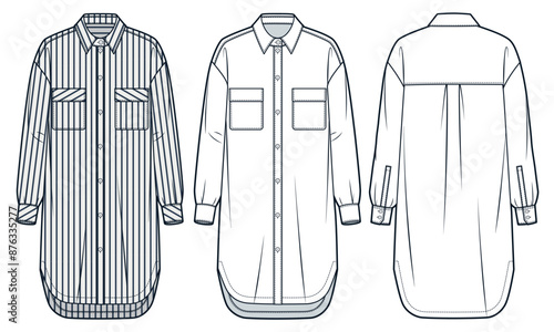  Shirt Dress technical fashion Illustration, stripe design. Tunic Dress fashion technical drawing template, button down, relaxed fit, front, back view, white, blue, women, men, unisex CAD mockup set.