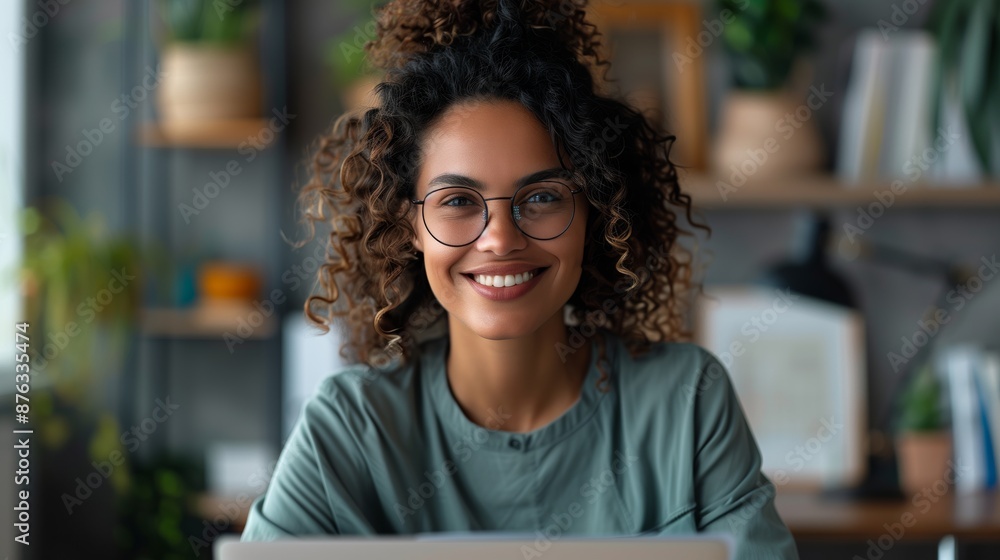 Happy Remote Worker Smiling at Home Office Embracing New Work Culture Happy Remote Worker Smiling at Home Office Embracing New Work Culture