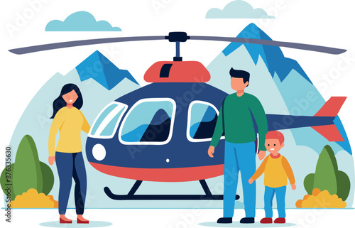 Happy Family Enjoying Helicopter Tour in the Mountains