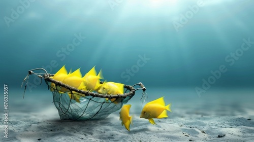 Ghostly Spectres of Abandoned Fishing Gear and Plastic Waste Enveloping Panic Stricken Tropical Fish photo