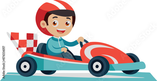 Happy Boy Driving Go Kart with Checkered Flag