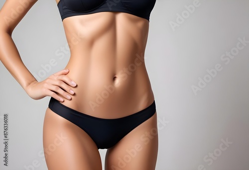 Cropped shot of young slim tanned woman in black underwear demonstrating her hourglass figure with toned abs isolated on white background. Result of fitness, diet, healthy lifestyle. Girl perfect body