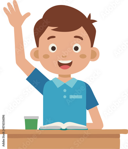 Smiling Boy Raising Hand In Classroom Illustration