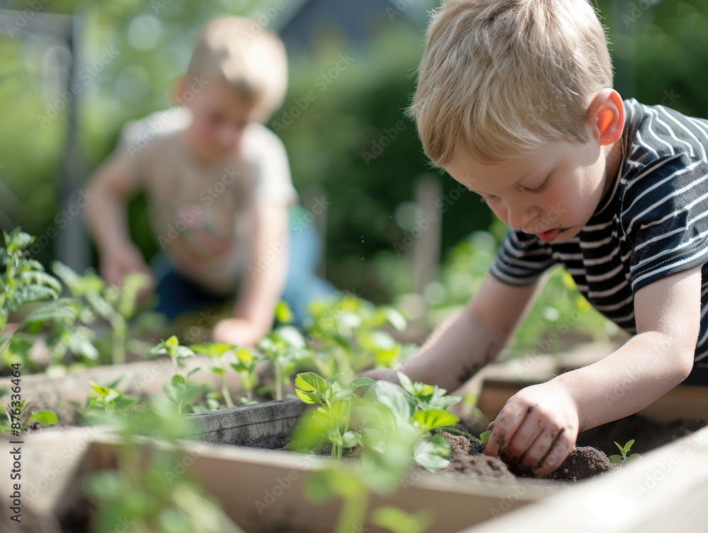 Children learning about composting in a school garden Children learning about composting in a school garden