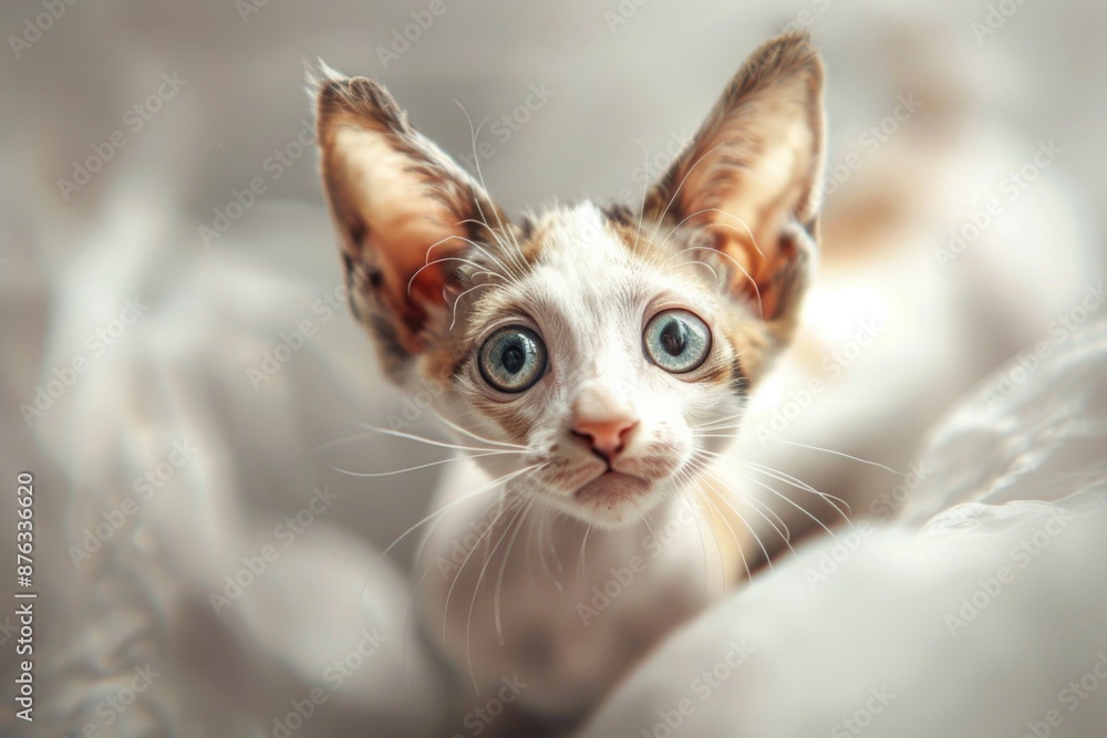 A Cornish Rex kitten with large, blue eyes looks intently at the camera, its furless body and prominent ears creating a unique and striking appearance A Cornish Rex kitten with large, blue eyes looks intently at the camera, its furless body and prominent ears creating a unique and striking appearance
