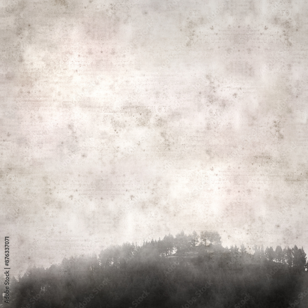 Fototapeta premium stylish textured old paper square background with a Hill with pine tres in a mist
