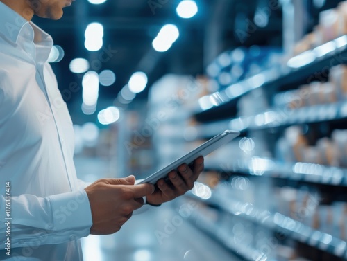 Employee managing inventory with a tablet, automated stock systems in the background, modern retail space, promoting digital efficiency, bright and organized environment