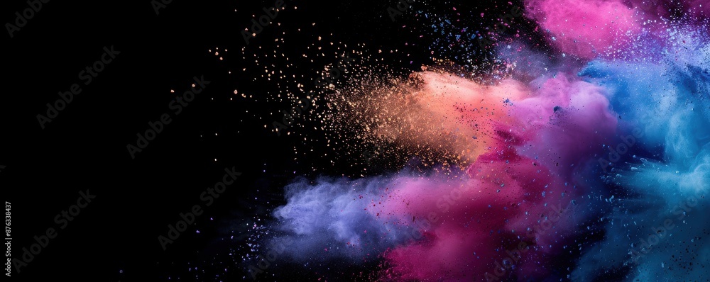 Fototapeta premium Colorful Powder Explosion On Black Background. A dramatic and vibrant explosion of colorful powder captured against a black background.