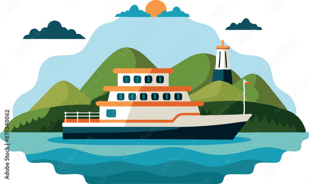 Naklejka premium Colorful Ferry Boat Traveling Near Mountainous Landscape and Lighthouse