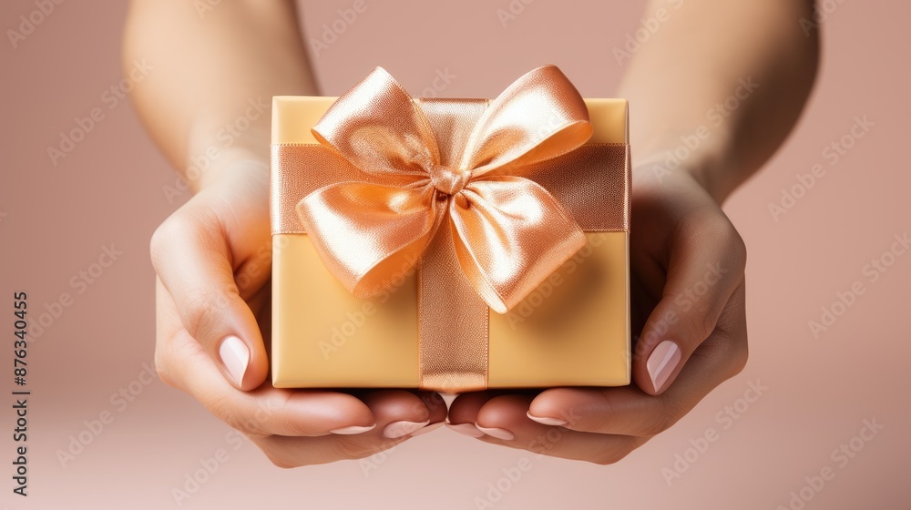 a woman holding a gold gift with a gold bow. a woman holding a gold gift with a gold bow.