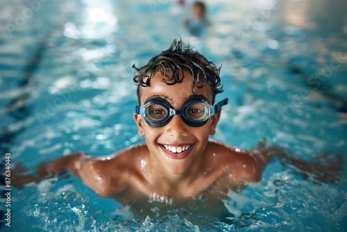 Joyful Boy Swimming in Indoor Pool with Goggles Enjoying a Fun and Active Lifestyle   © Sparrowski