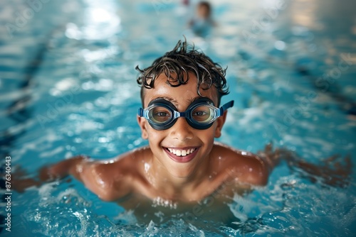 Joyful Boy Swimming in Indoor Pool with Goggles, Fun and Active Lifestyle