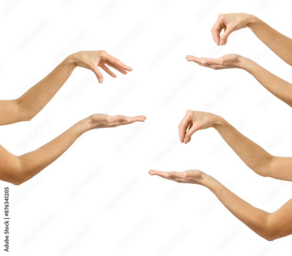 Hand picking, holding something gesture. Multiple images set of female caucasian hand with french manicure picking, holding something Hand picking, holding something gesture. Multiple images set of female caucasian hand with french manicure picking, holding something
