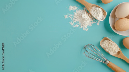 Baking background with flour, eggs, whisk